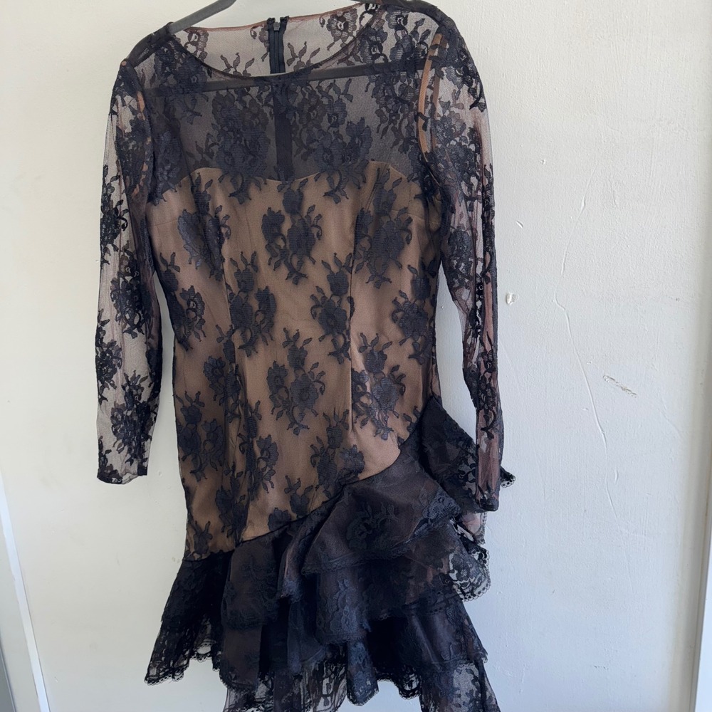 Victor Costa Black Lace Long Sleeve Tiered Mini Dress over Nude Slip - Picture 13 of 14